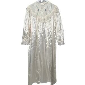 Vintage Intimate Moods Satin Fleece Lined Nightgown Size M Ivory White Long